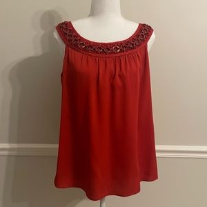 Beautiful red-orange elie tahari silk tank! With wooden neck detailing!